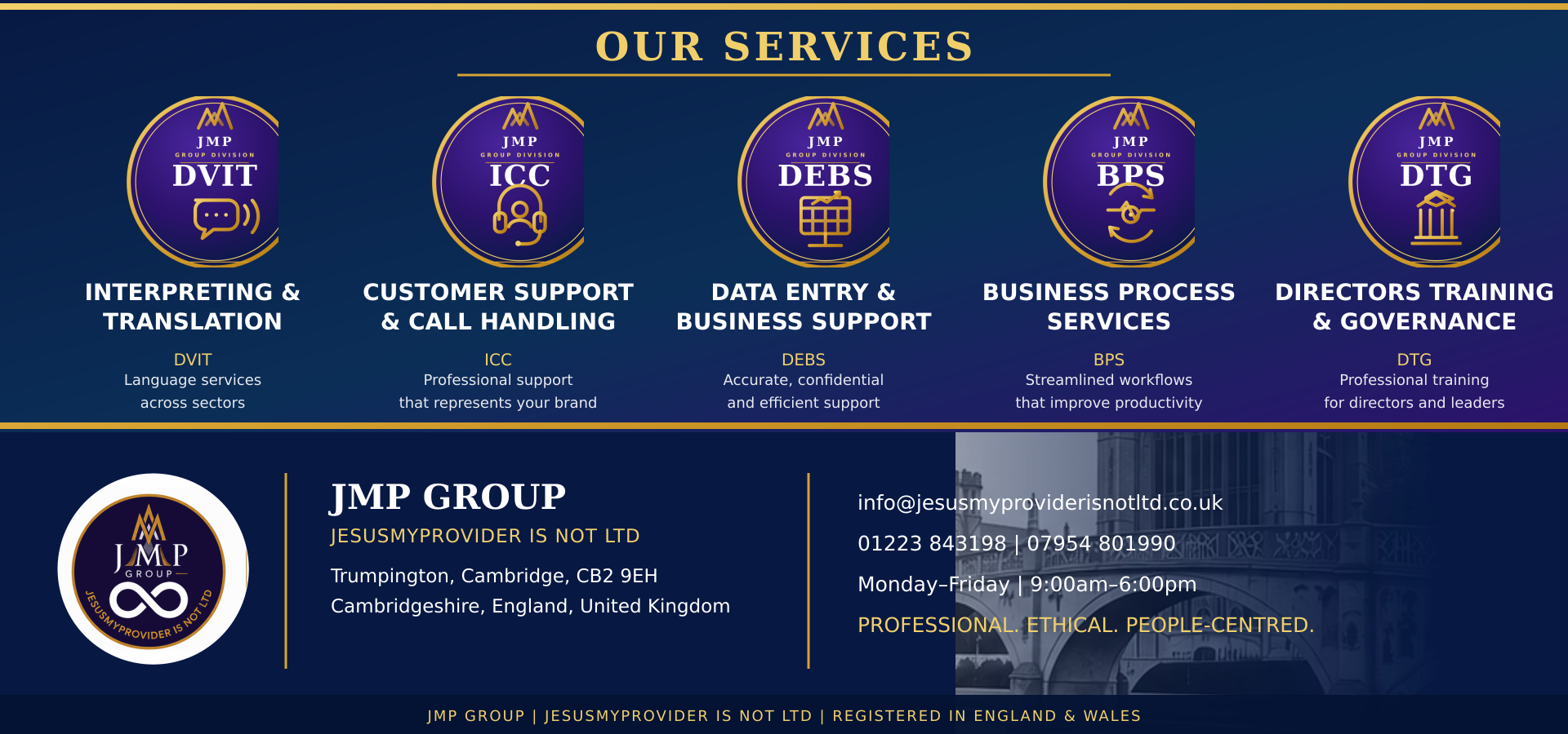JMP Group five service divisions and Cambridge contact footer